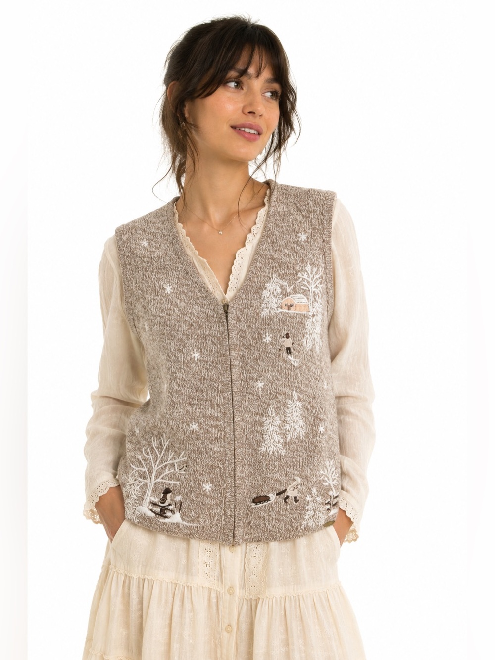 Vintage Cottagecore Knit Vest Winter Embroidered Snowflake Kitschy Grannycore
